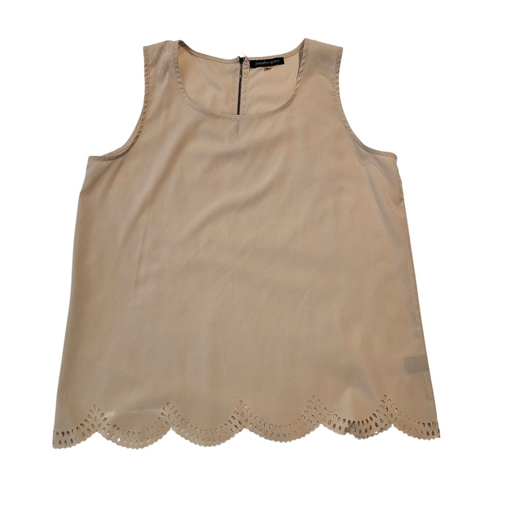 Jennifer & Grace Beige‎ Scalloped Laser Cut Hem Sleeveless Blouse Top Large
